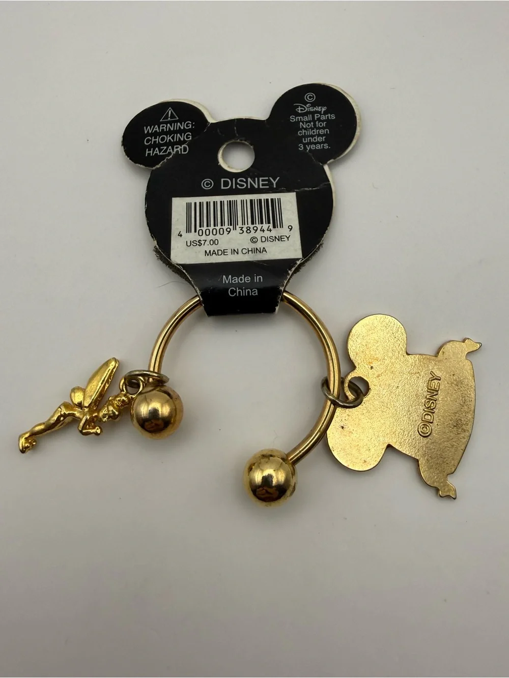 Vintage Disneyland 50th Anniversary Keychain Mickey Ears, Tinker Bell Gold Tone